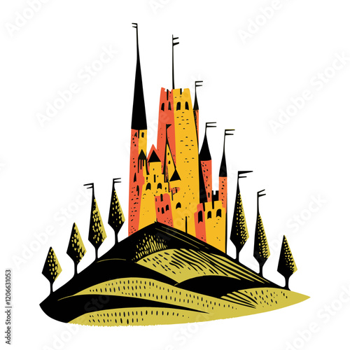 Mountain hill castle architecture illustrated vector