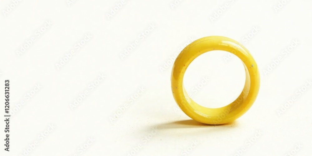 A single, pale yellow, circular band rests on a pristine white surface; a minimalist study in form and color. A single, pale yellow, circular band rests on a pristine white surface; a minimalist study in form and color.