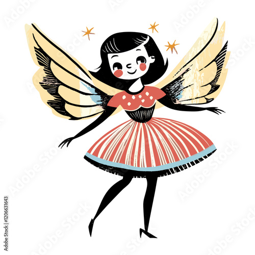 Linocut fairy angel character illustration style recreation vector