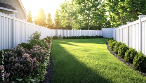 Wallpaper Mural Lush green lawn, neatly trimmed hedges, and white fence in a sunny backyard. Torontodigital.ca