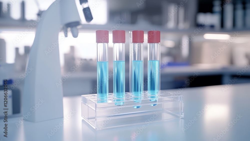 Four test tubes with light blue liquid in a lab. Four test tubes with light blue liquid in a lab.