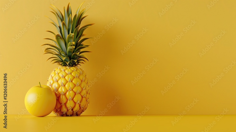 A ripe pineapple stands tall against a vibrant yellow background.Food art of juicy ripe tropical fruit on a sunny backdrop A ripe pineapple stands tall against a vibrant yellow background.Food art of juicy ripe tropical fruit on a sunny backdrop