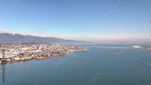冬の琵琶湖　南湖　琵琶湖大橋　ドローン空撮