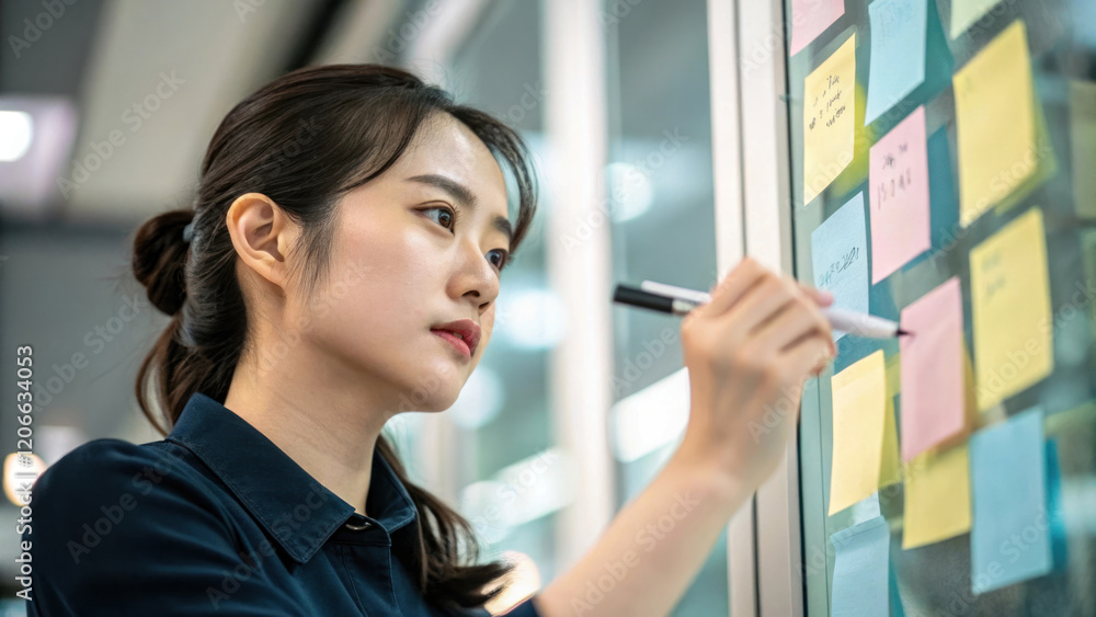 Young woman writing on sticky notes in office, focused and creative Young woman writing on sticky notes in office, focused and creative