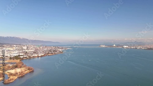 冬の琵琶湖　南湖　琵琶湖大橋　ドローン空撮