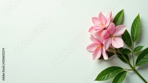 Delicate Pink Blooms with Lush Green Foliage on a Soft White Background, Perfect for Elegant Designs and Feminine Aesthetics