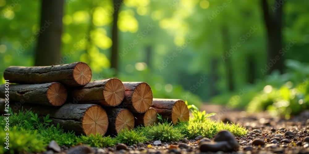 Serene Forest Path Adorned with Stacked Logs Basking in the Warm Glow of Sunlight