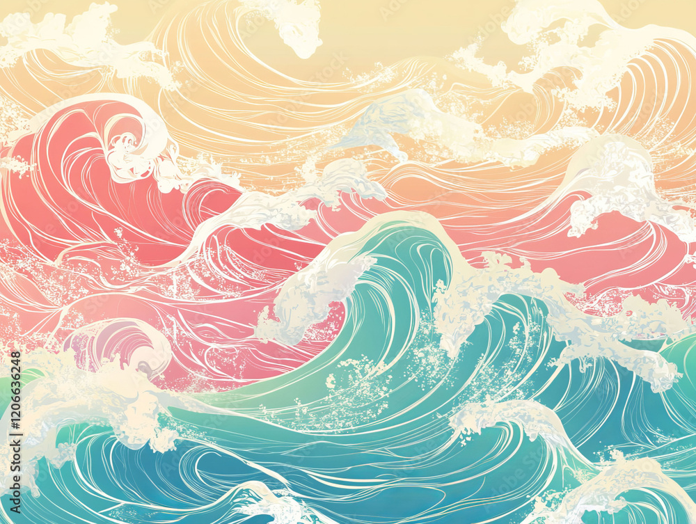 Pastel-colored waves dance in a harmonious pattern, blending soft hues to form an elegant and calming digital art background, perfect for various creative projects. Pastel-colored waves dance in a harmonious pattern, blending soft hues to form an elegant and calming digital art background, perfect for various creative projects.