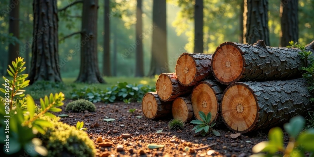 Sunlit Forest Logs Resting on the Forest Floor