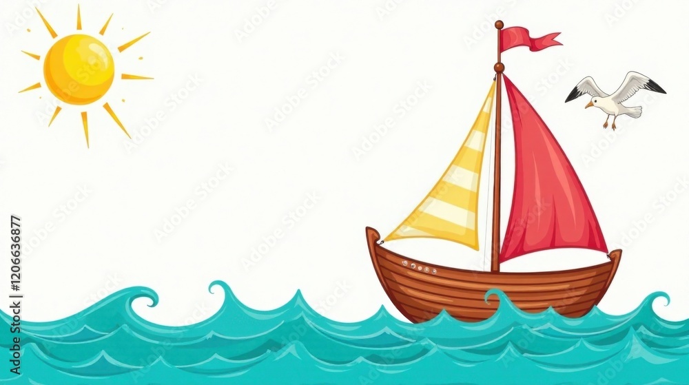 Fototapeta premium A sunny day, a sailboat glides on turquoise waves, a seagull soars overhead, a charming summer scene