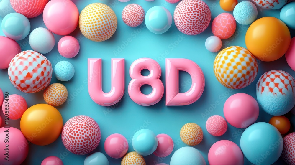 Fototapeta premium U8D: Colorful 3D Render of Pink Letters Surrounded by Pastel Spheres