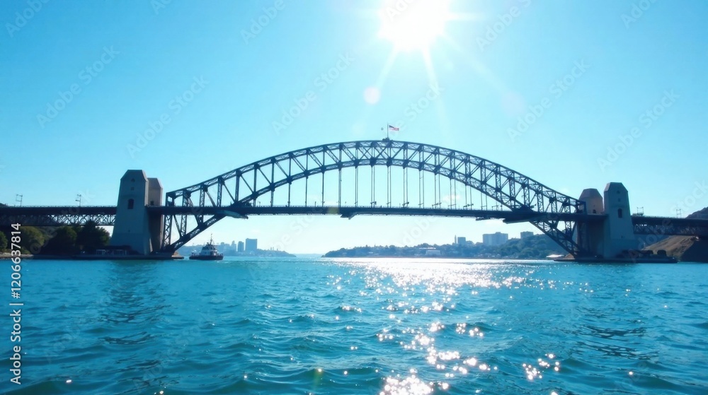 Naklejka premium Steel Arch Bridge Over Sparkling Water on a Sunny Day