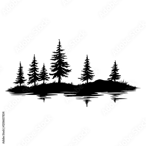 Simple trees lake mountain linear illustration silhouette pine vector