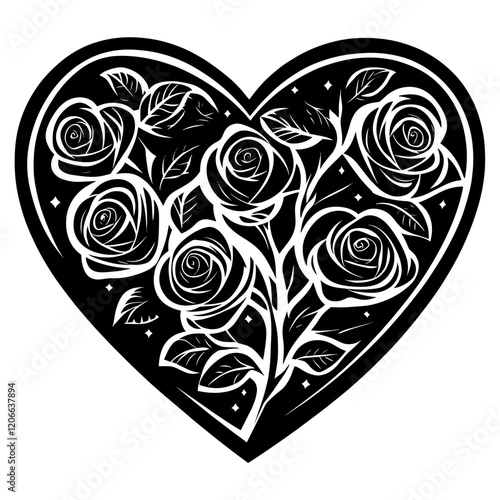 Wallpaper Mural Linocut heart with roses illustration pattern black vector Torontodigital.ca