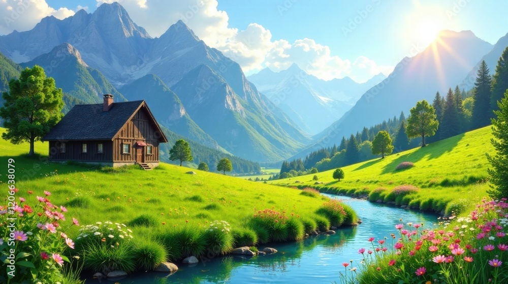 Fototapeta premium Serene Mountain Valley Cottage Retreat with Lush Meadows and a Tranquil Stream