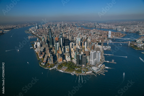 Photos Panoramic Aerial View of Lower Manhattan with Iconic Skyline, Brooklyn Bridge, a