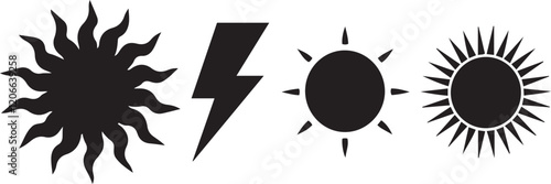 Black sun icon set silhouette vector art illustration