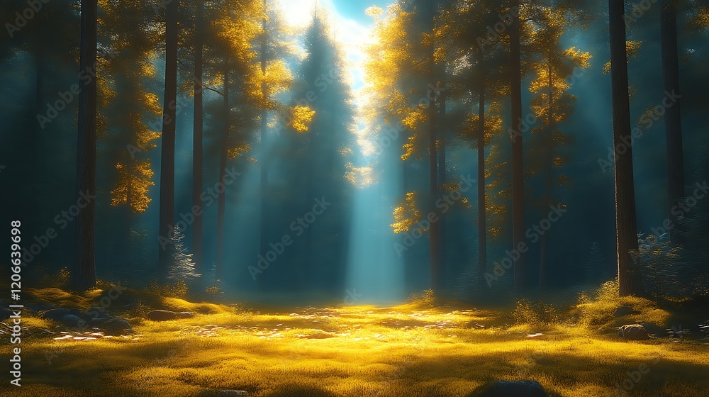 Sunbeams illuminate a mystical forest path. Sunbeams illuminate a mystical forest path.