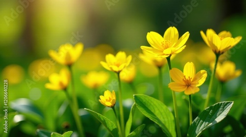 Vibrant Yellow Flowers Basking in Sunlight, a Delicate Display of Nature's Beauty in a Lush Green Meadow