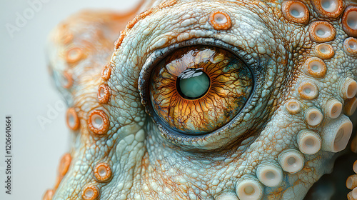 Close-up of an octopus eye, showcasing intricate texture and vibrant colors.