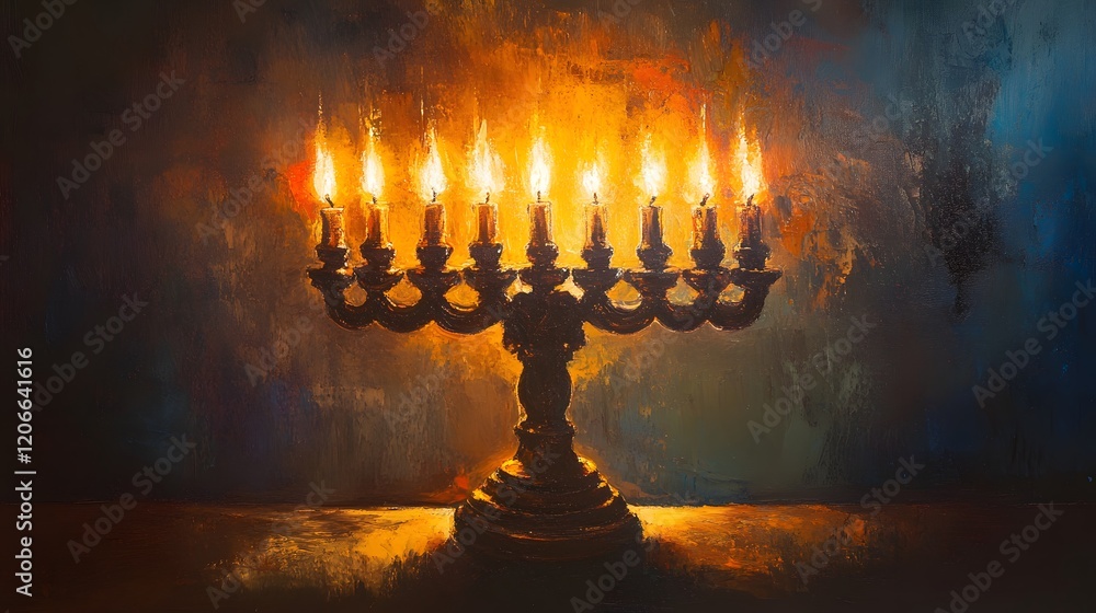 Fototapeta premium A Menorah with Eight Burning Candles Illuminates the Night