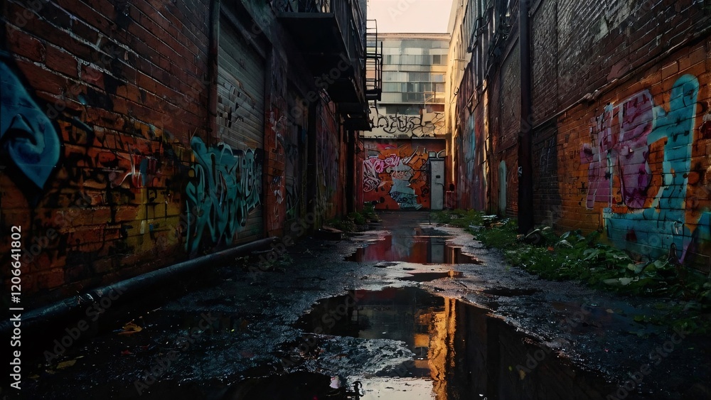 Fototapeta premium Urban Alleyway with Graffiti at Sunset