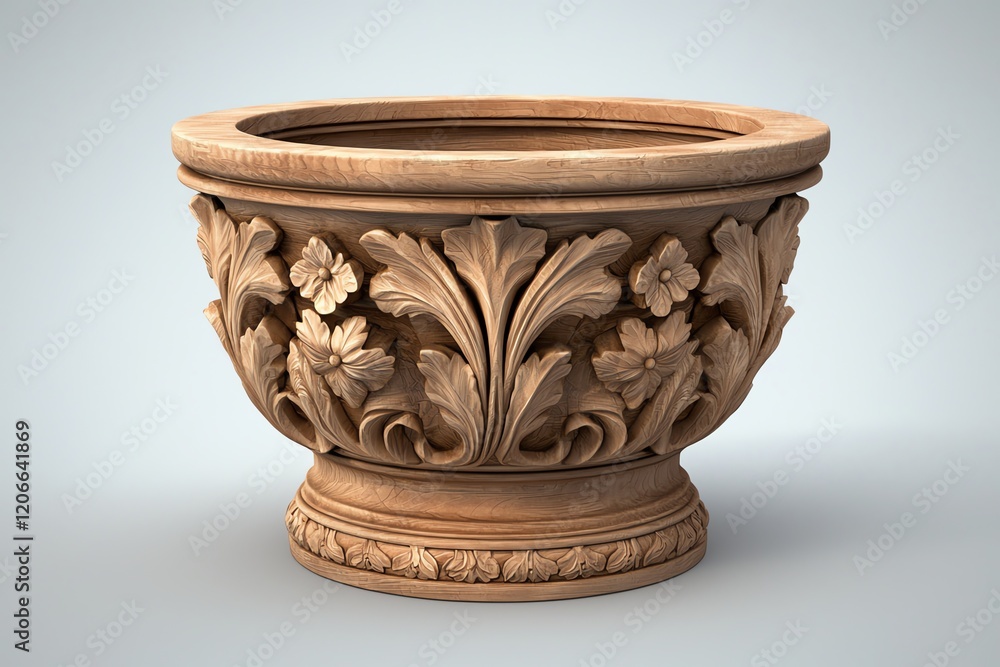 A decorative stone planter with intricate floral carvings, featuring a round shape and a smooth surface, ideal for enhancing outdoor or indoor spaces. A decorative stone planter with intricate floral carvings, featuring a round shape and a smooth surface, ideal for enhancing outdoor or indoor spaces.