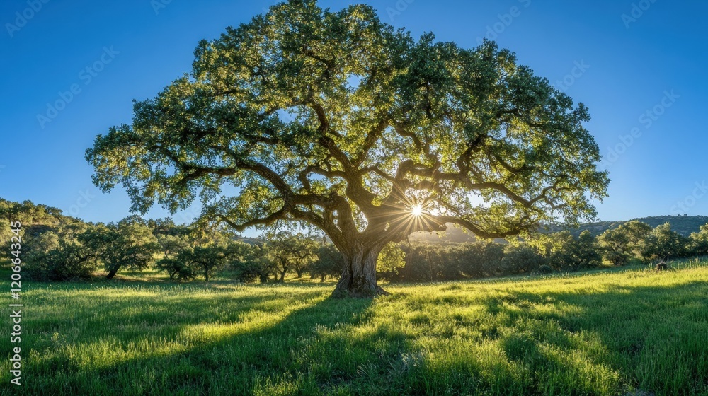 Large oak tree in sunlit field, green grass. Perfect for nature, peace, or growth themes, evokes serenity and tranquility. Large oak tree in sunlit field, green grass. Perfect for nature, peace, or growth themes, evokes serenity and tranquility.