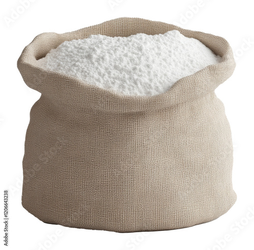 open burlap sack filled with white flour on transparent background, baking and cooking concept photo