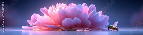 Serene Pink Peony and Honeybee at Dusk