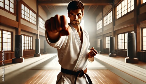 Karate Master Delivering a Powerful Punch in a Serene Dojo Setting photo