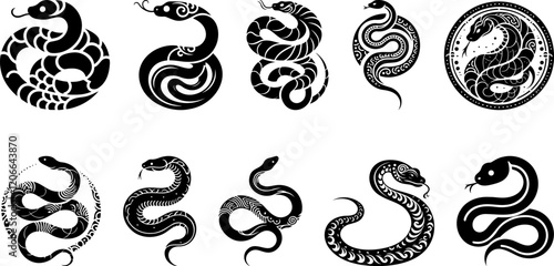 Stylized black and white snake illustrations with intricate designs