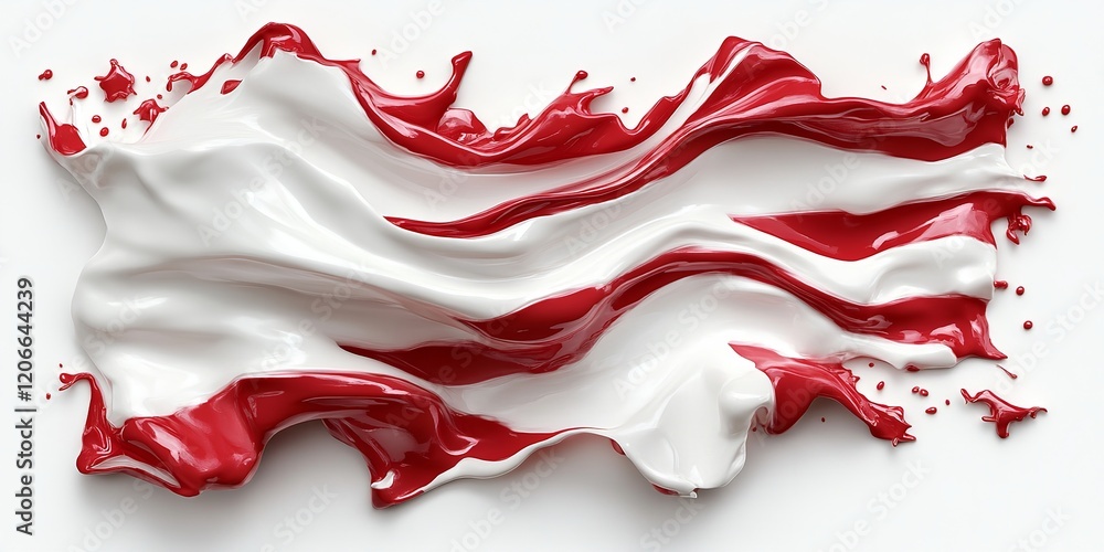 Fototapeta premium Bright red and white paint cascades and swirls together, forming an eye-catching abstract design. The contrasting colors blend beautifully, captivating the viewer's attention