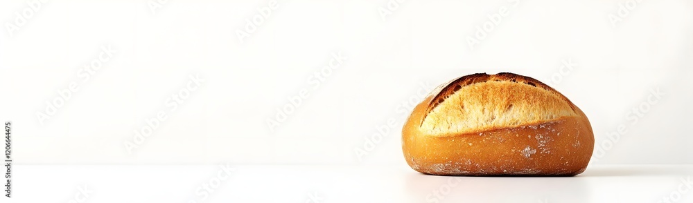 A freshly baked round loaf of bread on a minimalist white surface. A freshly baked round loaf of bread on a minimalist white surface.