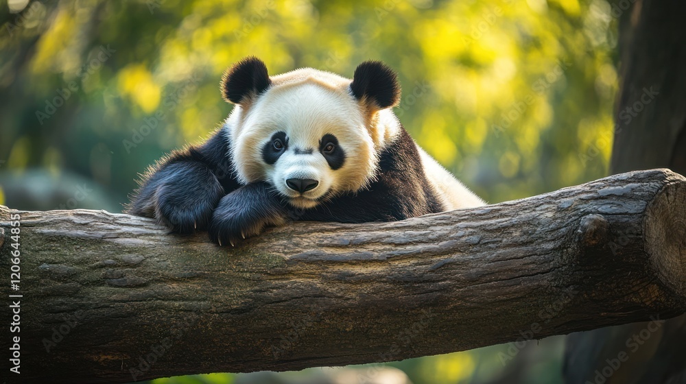 Fototapeta premium Adorable Panda Resting on a Log in a Lush Green Habitat
