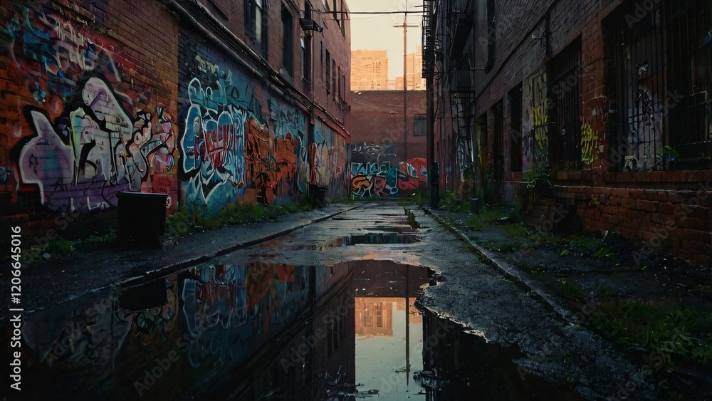Fototapeta premium Reflective City Alley with Graffiti Art
