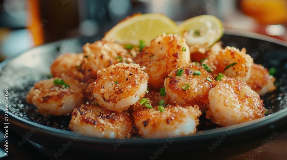 Shrimp nugget on a black plate Shrimp nugget on a black plate