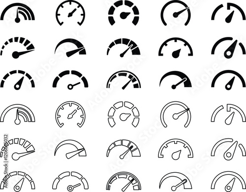 Speedometer icon. Speed indicator icon flat line set. Feedback Rating meter performance concept Dashboard level scale vector for apps Fast speed sign low and high barometers, gauge, score progress