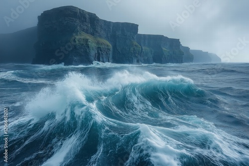 Powerful ocean waves crash against dramatic cliffs in a misty coastal landscape photo