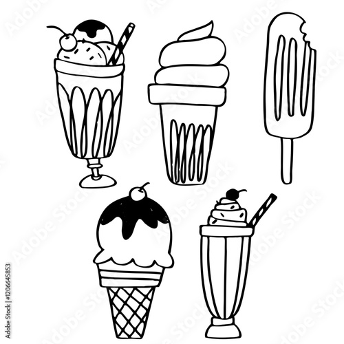 Ice popsicle, gelato, ice cream cone, sundae and ice cream floats