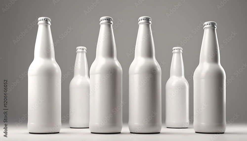 A white beer bottle with a silver cap stands against a minimalist white background. The bottle's blank surface provides a perfect canvas for showcasing unique branding,6 A white beer bottle with a silver cap stands against a minimalist white background. The bottle's blank surface provides a perfect canvas for showcasing unique branding,6