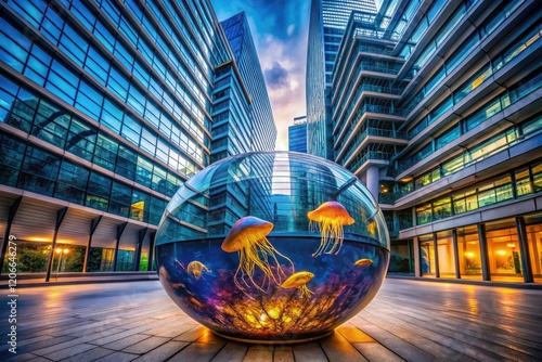 A fluid, abstract fishbowl design houses surreal jellyfish; organic architecture creates an underwater dreamscape. photo