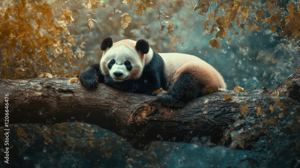 Obraz premium Serene Panda Resting on a Branch in an Autumnal Forest
