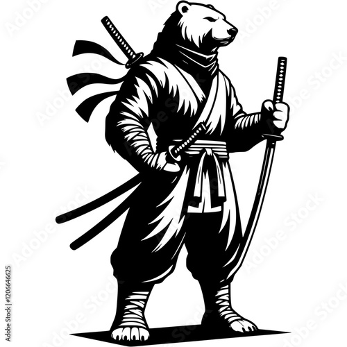 Ninja fighter polar bear armed with katana sword in fighting stance in monochrome. Wild white bear animal warrior. Tattoo minimalistic vector in black ink drawing on transparent background