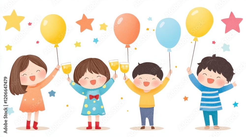 Joyful Children Celebrating with Balloons and Toasting Glasses in a Colorful Party Atmosphere Joyful Children Celebrating with Balloons and Toasting Glasses in a Colorful Party Atmosphere