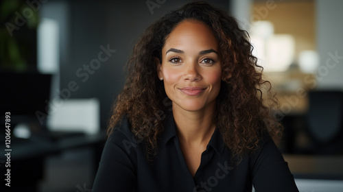 woman with curly brown hair smiles confidently while at her office, ready for work and she looks happy