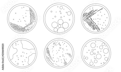 Petri dishes cultures in black and white. Cell-culture dish with bacterial colonies outline illustration.Set of Petri plate with different colonies for coloring page. Bacterial Culture.