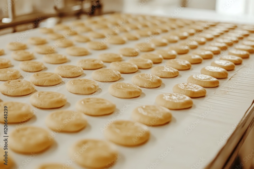 Rows of freshly baked golden cookies on a conveyor belt in a bakery. Rows of freshly baked golden cookies on a conveyor belt in a bakery.