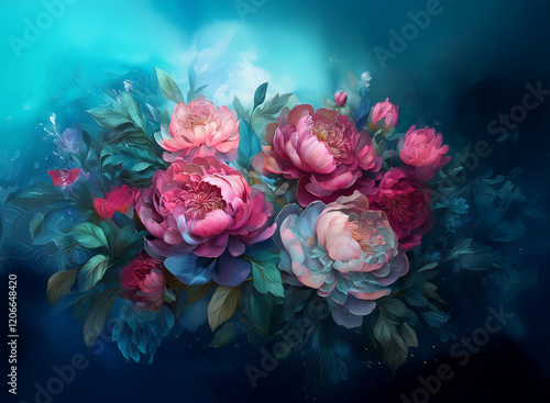 Wallpaper Mural Lush bouquet of pink and burgundy peonies, nestled amongst deep green foliage, set against a moody, teal background with soft lighting. Torontodigital.ca