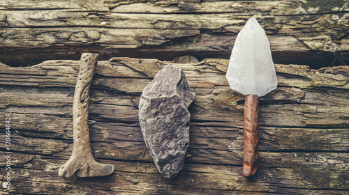 Close-up of ancient stone tools on a textured wooden surface, highlighting archaeology, antique designs, and primitive heritage craftsmanship as each artifact detail emerges under soft natural light.